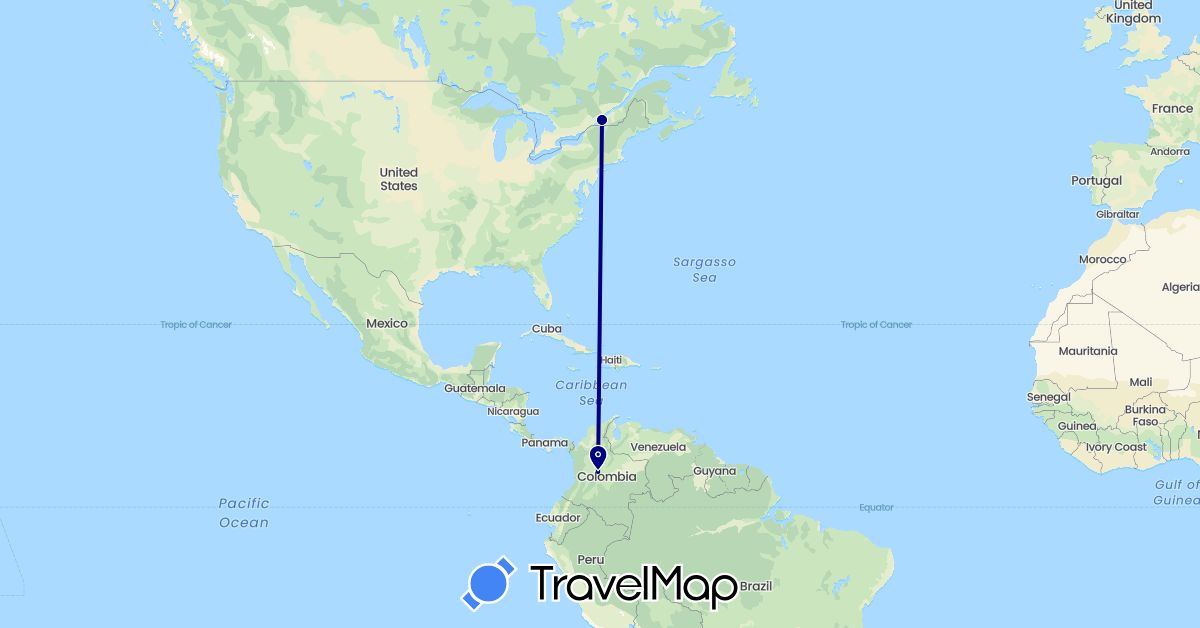 TravelMap itinerary: driving in Canada, Colombia (North America, South America)
